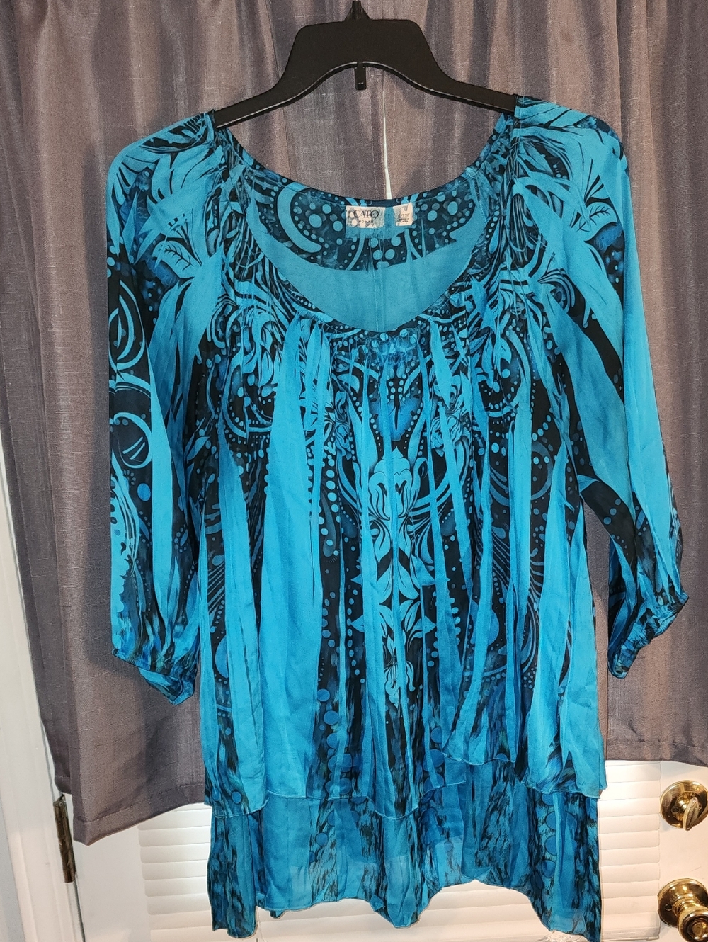 Cato Turquoise and Black Printed Peasant Tunic